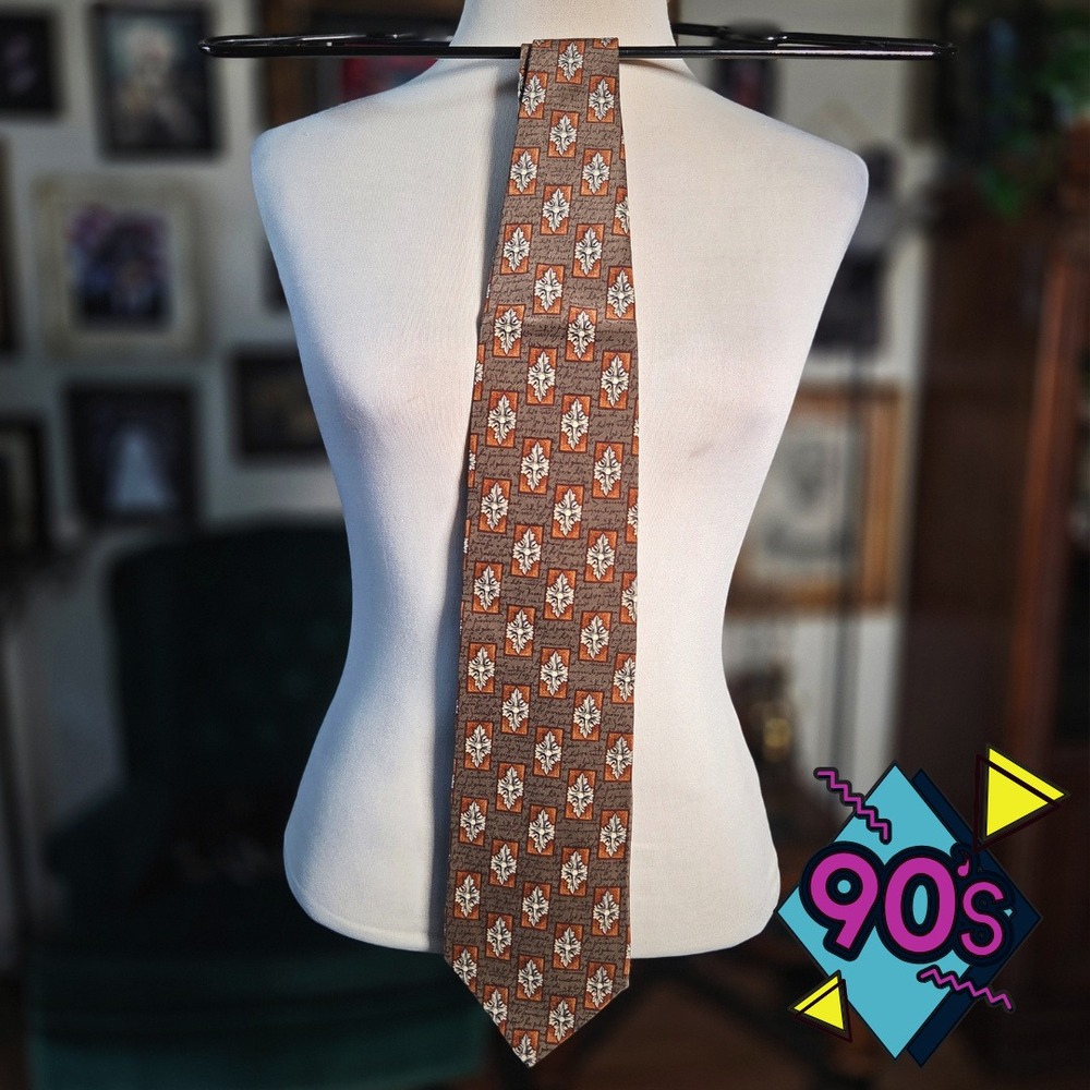 Structure Silk Tie Vintage 90s Brown Geometric Script Pattern Mens Necktie USA